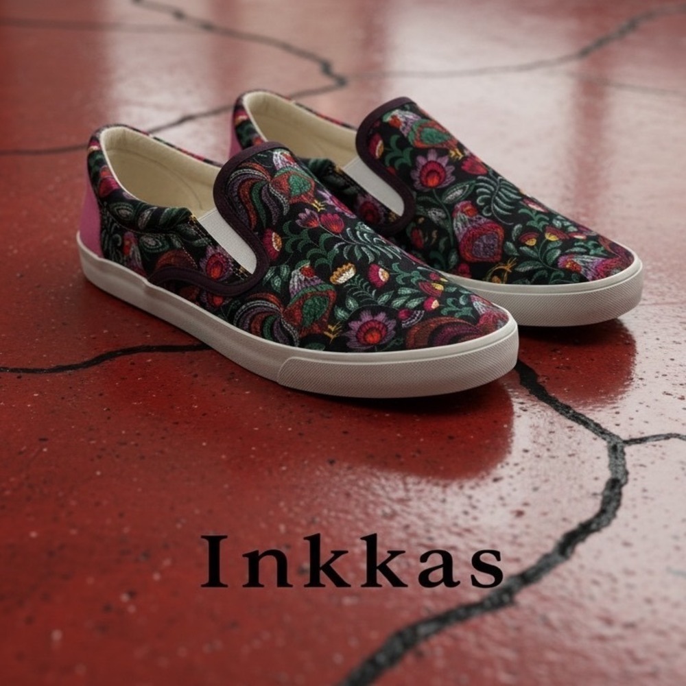 Inkkas Rooster Floral Slip On Sneakers Mens 11 Womens 13 Black Pink Low Top Shoe